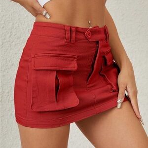 Stylish Red Mini Skirt with Utility Pockets ELLEVEN